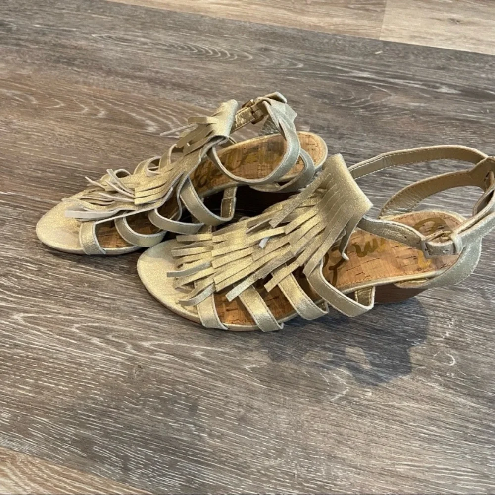 Sam Edelman Gold Fringe Strappy Wedge Sandals